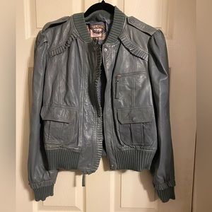 Juicy Couture Gray Leather Ruffle Moto Bomber Jacket